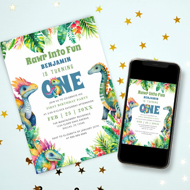 Dinosaur 1st Birthday Party Cute Baby Boy Tropical Invitation (Creator Uploaded)