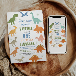 Dinosaur 1st Birthday Party   Cute Prehistoric  Invitation