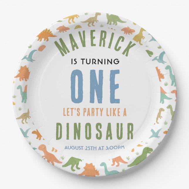 Dinosaur 1st Birthday Party | Cute Prehistoric  Paper Plate (Front)