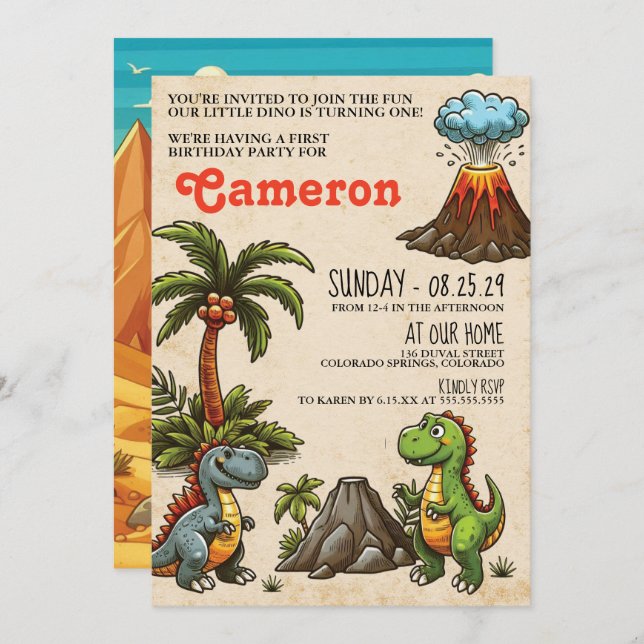 Dinosaur 1st Birthday Party Invitation (Front/Back)