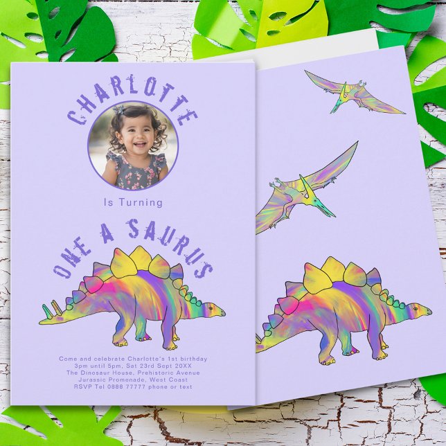 Dinosaur 1st Birthday Party Purple Invitation (Dinosaur 1st birthday party invitation one-a-saurus colorful watercolor dino stegosaurus pterodactyl)