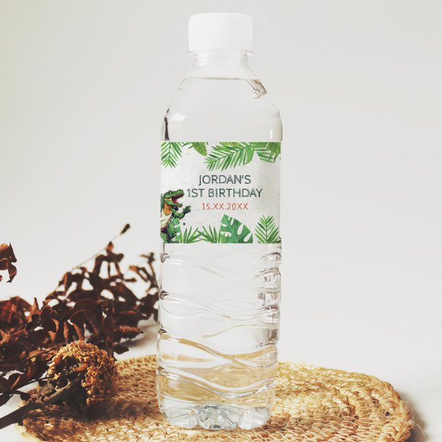 Dinosaur 1st Birthday Party Water Bottle Label (Creator Uploaded)