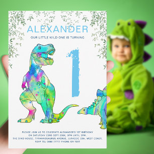 Dinosaur 1st Birthday Party wild one blue Invitation