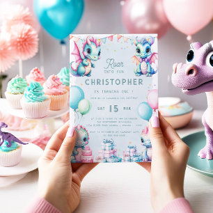 Dinosaur 1st Birthday Pastel Cute Dino Dragon Boy Invitation