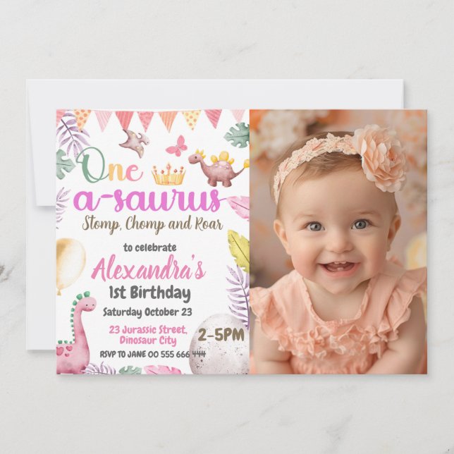 Dinosaur 1st Birthday Photo One-A-Saurus Girl  Invitation (Front)