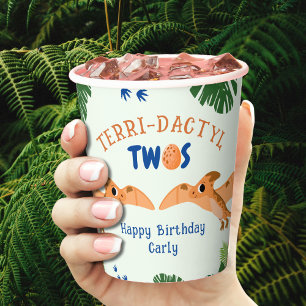 Dinosaur 2nd Birthday Funny Green Pterodactyl  Paper Cups