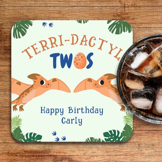 Dinosaur 2nd Birthday Funny Green Pterodactyl  Square Paper Coaster (Dinosaur 2nd Birthday Funny Green Pterodactyl Square Paper Coaster
)