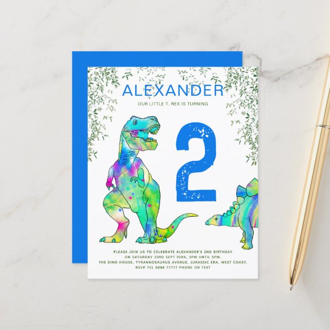 Dinosaur 2nd Birthday Party jungle budget blue (Front/Back In Situ)