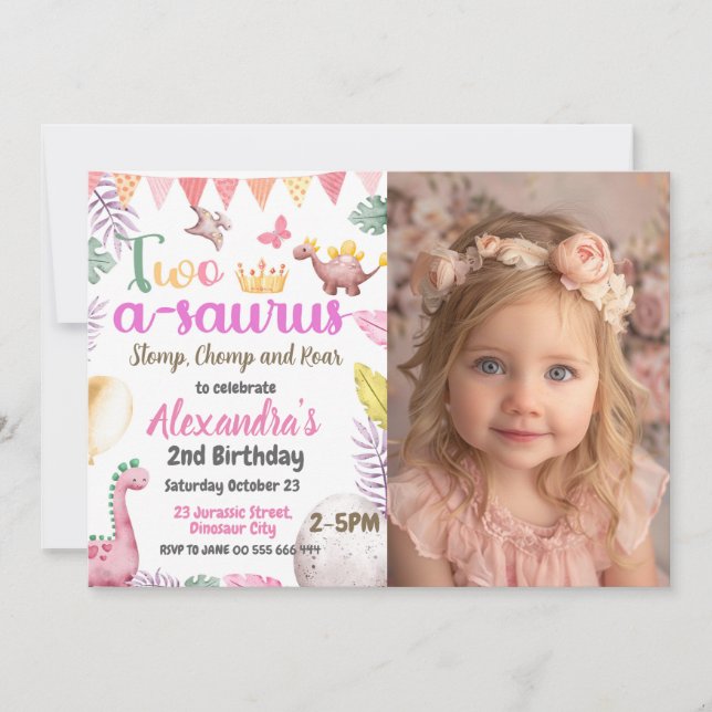 Dinosaur 2nd Birthday Photo Two-A-Saurus Girl Invitation (Front)