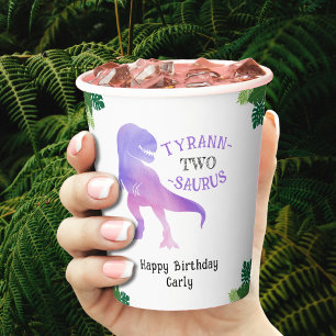 Dinosaur 2nd Birthday Purple Tyrannosaurus Rex Paper Cups