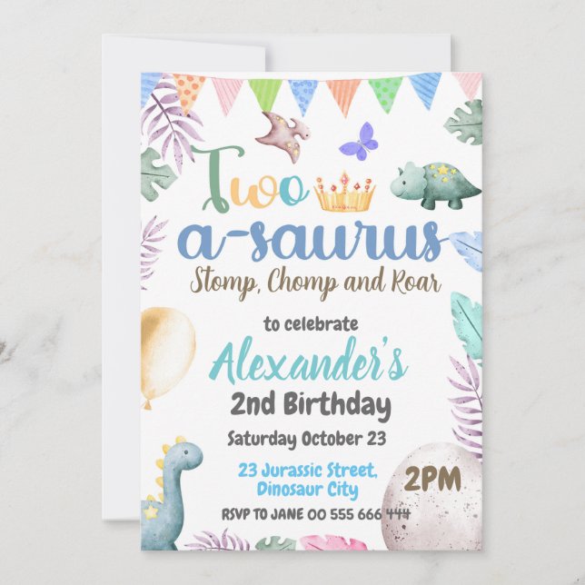 Dinosaur 2nd Birthday Two-A-Saurus Boy Party Invitation (Front)