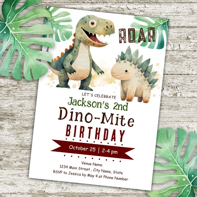Dinosaur 2nd Birthday Watercolor Invitation (Creator Uploaded)