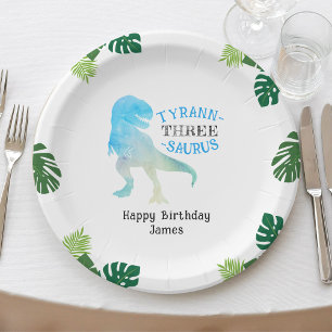 Dinosaur 3rd Birthday Party Blue Tyrannosaurus Rex Paper Plate