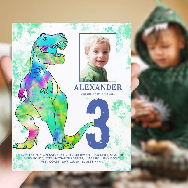 Dinosaur 3rd Birthday Party Photo (T-Rex Dinosaur colorful watercolor 3rd birthday party budget invitation thrift dino party)