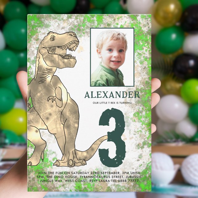 Dinosaur 3rd Birthday Party Photo Invitation (Dinosaur T-Rex photo template 3rd birthday party invitation green and brown watercolor )