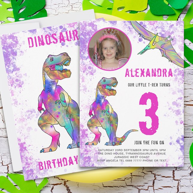 Dinosaur 3rd Birthday Party Pink Invitation (Girl pink dinosaur 3rd birthday party invitation photo template pink watercolor splash colorful dino)