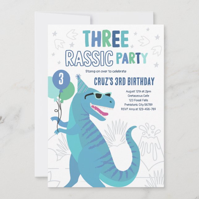 Dinosaur 3rd Birthday Party T-Rex 3rd Birthday Invitation (Front)