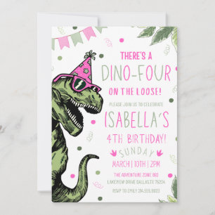 Dinosaur 4th Birthday Invitation   Cute Dino Kids 