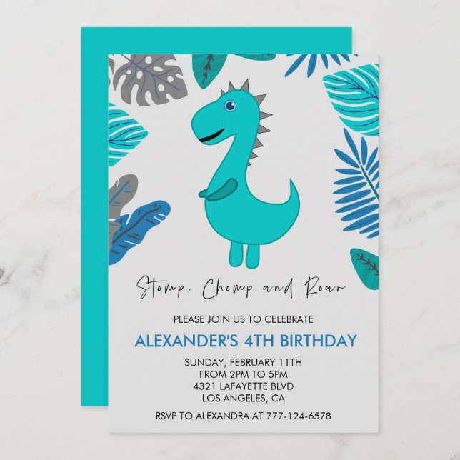 Dinosaur 4th birthday invitation jungle roar T rex (Front/Back)