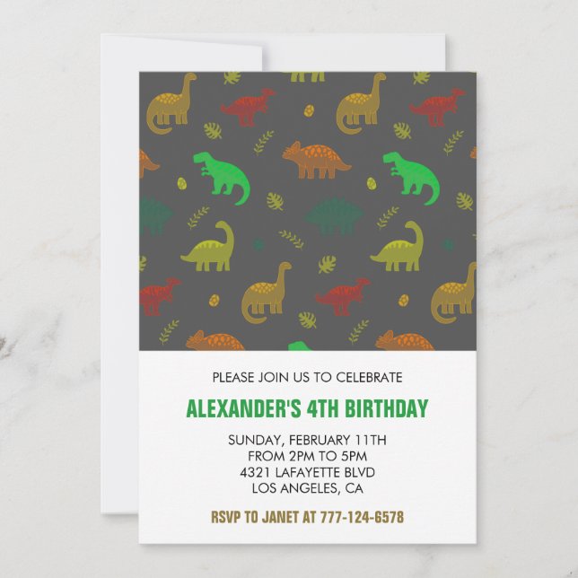 Dinosaur 4th birthday invitation kids jungle t rex (Front)