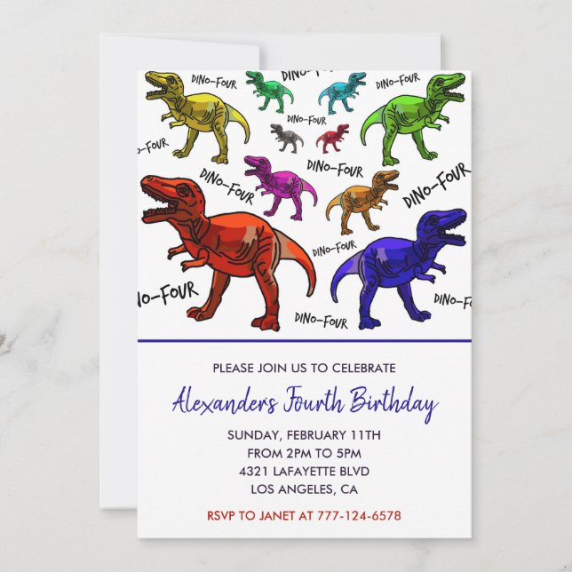 Dinosaur 4th birthday invitations t rex rainbow (Front)