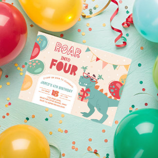Dinosaur 4th Birthday Invite Boy. Roar Into 4 