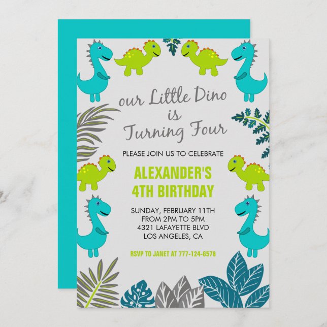Dinosaur 4th birthday jungle green cute t rex invitation (Front/Back)