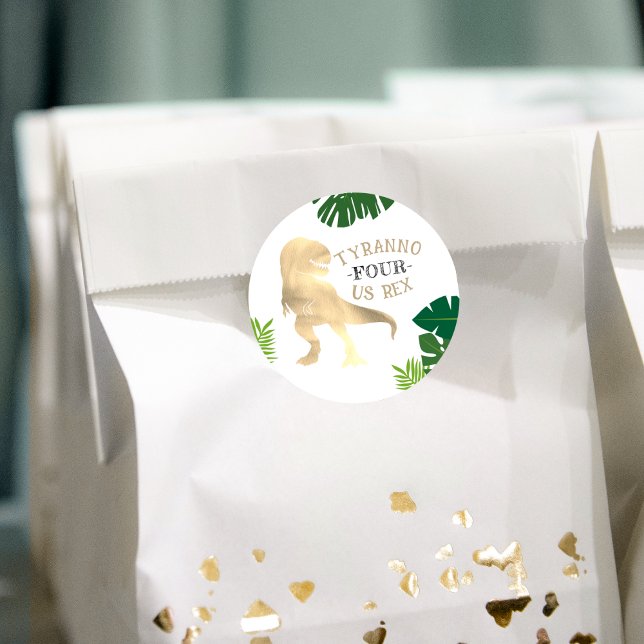 Dinosaur 4th Birthday Party Gold Tyrannosaurus Rex Classic Round Sticker (Dinosaur 4th Birthday Party Gold Tyrannosaurus Rex Classic Round Sticker
)