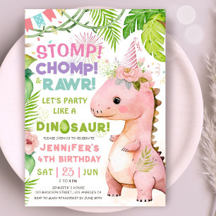 Dinosaur 4th Birthday Party Pink Dinosaur Girls Invitation