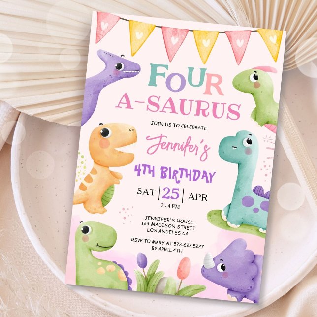 Dinosaur 4th Birthday Pink Cute Four A-Saurus Invitation (Creator Uploaded)