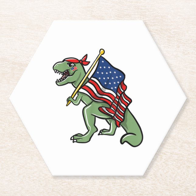 Dinosaur 4th of July American Flag Patriotic   Paper Coaster (Front)