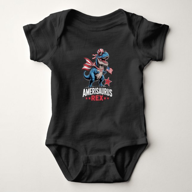 Dinosaur 4th of July Amerisaurus T Rex Funny Baby Bodysuit (Front)