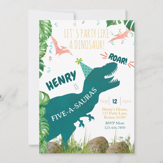 Dinosaur 5th Birthday Invitation Fiveasauraus Trex (Front)
