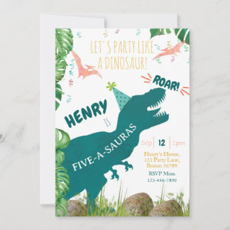 Dinosaur 5th Birthday Invitation Fiveasauraus Trex