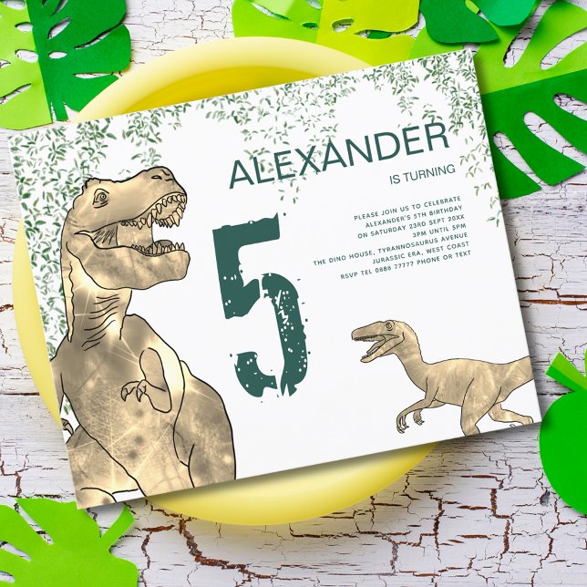 Dinosaur 5th Birthday Party budget (T-Rex and velociraptor Dinosaur jungle birthday party invitation modern green typography )