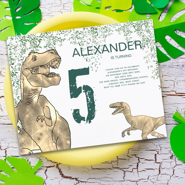 Dinosaur 5th Birthday Party budget Invitation (Dinosaur 5th birthday party budget invitation with T-Rex and velociraptor dino watercolor )