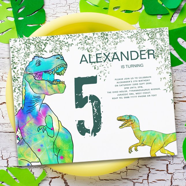 Dinosaur 5th Birthday Party Budget Invitation (T-Rex and velociraptor dinosaur jungle 5th birthday party green budget invitation )