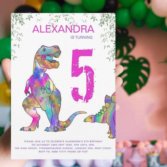 Dinosaur 5th Birthday Party for Girls Invitation (Girls pink dinosaur 5th birthday party invitation )