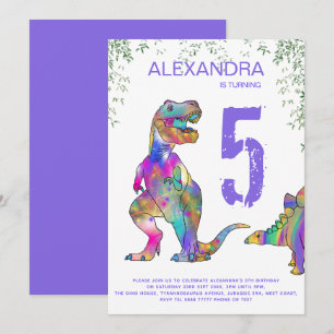 Dinosaur 5th Birthday Party for Girls purple Invitation