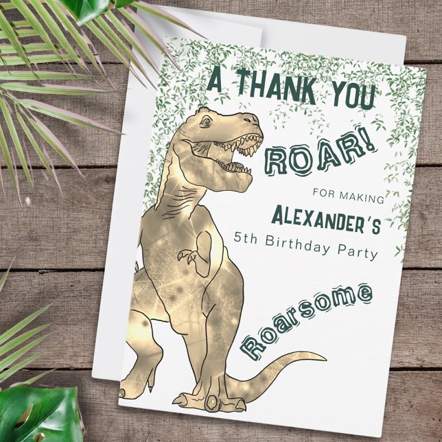 Dinosaur 5th Birthday Party Thank You Card (Dinosaur 5th birthday party thank you for being roarsome custom card with T-Rex jungle roar)