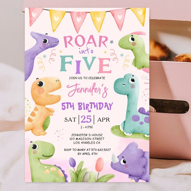 Dinosaur 5th Birthday Pink Cute Roar Into Five  Invitation (Creator Uploaded)