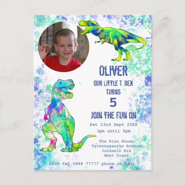Dinosaur 5th Birthday T Rex Boys Photo Green Blue Invitation Postcard (Front)