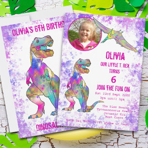 Dinosaur 5th Birthday T Rex Girl Photo Purple Pink Invitation