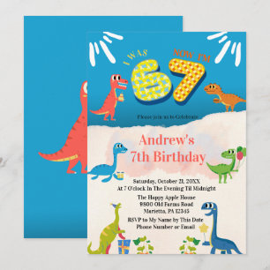 Dinosaur 7th Birthday Party I Was 6 Now I'm 7 Invitation