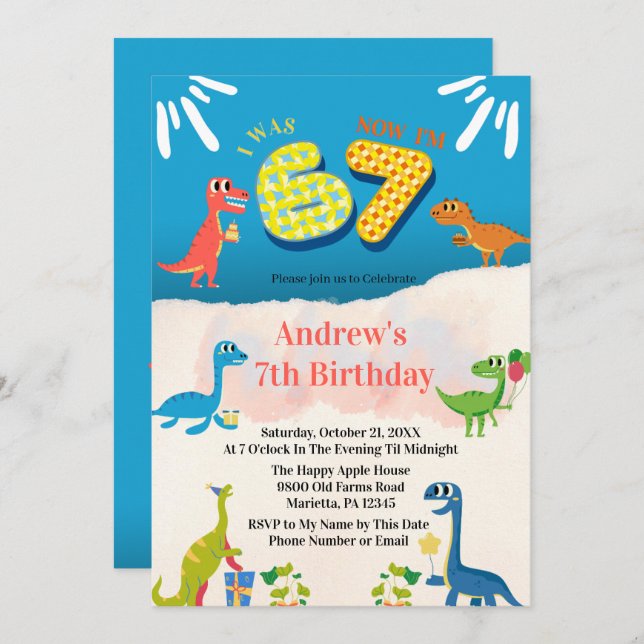 Dinosaur 7th Birthday Party I Was 6 Now I'm 7 Invitation (Front/Back)