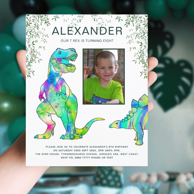 Dinosaur 8th Birthday Party Budget ( Dinosaur 8th birthday party invitation with photo template colorful T-Rex & Stegosaurus watercolor )