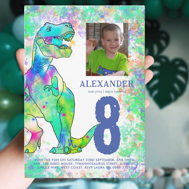 Dinosaur 8th Birthday Party Photo Blue Invitation (T-Rex dinosaur 8th birthday party invitation with photo template colorful watercolor Jurassic dino)