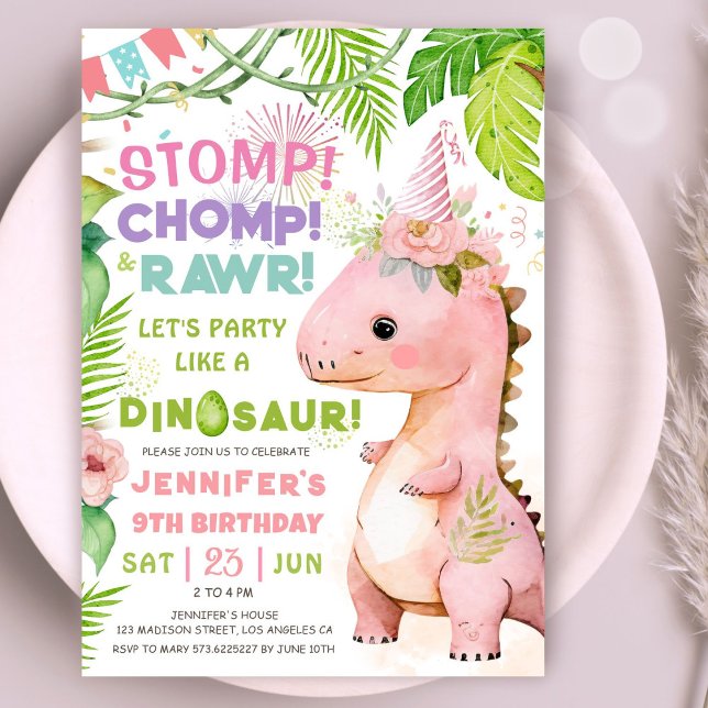 Dinosaur 9th Birthday Party Pink Dinosaur Girls In Invitation (#DinosaurBirthdayInvitation #DinosaurBirthdayInvite #GirlDinosaurBirthdayInvitation
)