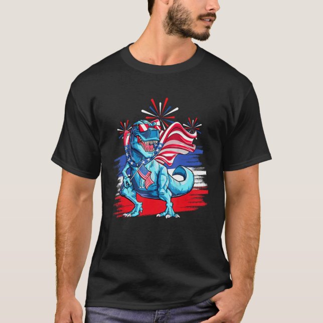 Dinosaur American Flag Patriotic Rex  4th of July T-Shirt (Front)
