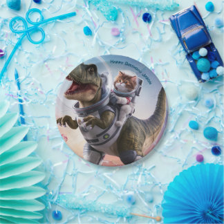 Dinosaur and Cat Astronaut Customisable Paper Plate
